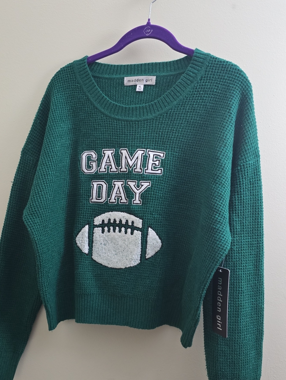 Madden Girl Emerald Green 'Game Day' Waffle-Knit Crew Sweater